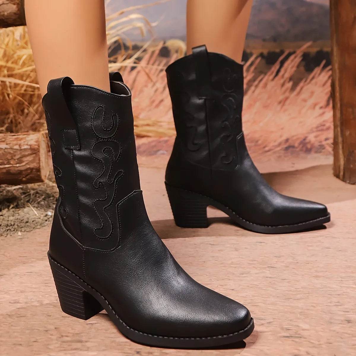 Point Toe Block Heels Boots - ELY VESSA LLC
