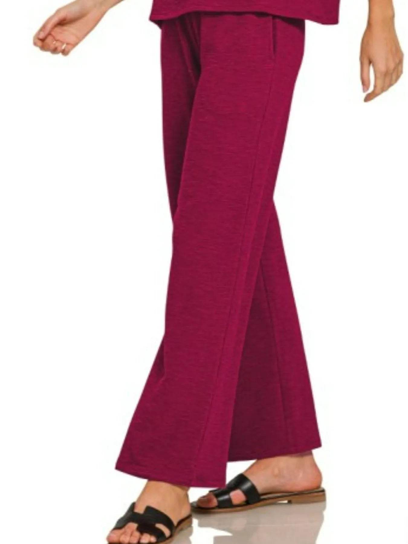 Zenana Slub Short Sleeve T-Shirt and Pants Set - ELY VESSA LLC