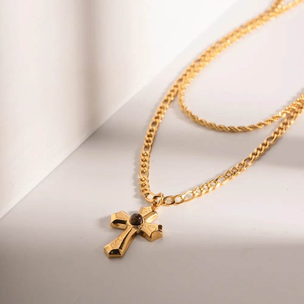 18K Gold-Plated Double Layered Cross Necklace - ELY VESSA LLC