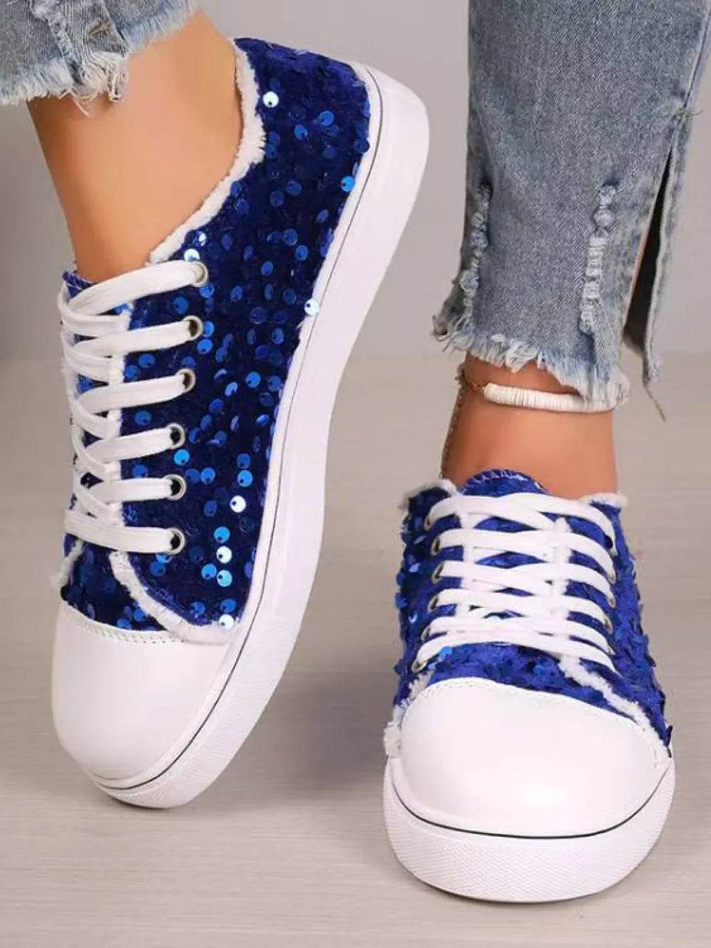Sequin Round Toe Flat Sneakers - ELY VESSA LLC