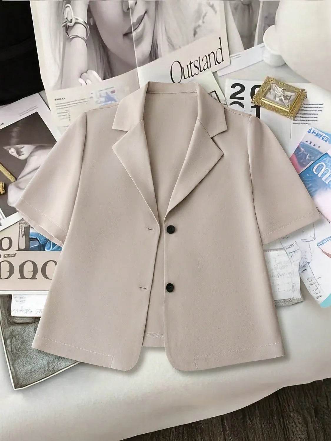 Short Sleeve Lapel Collar Solid Blazer - ELY VESSA LLC