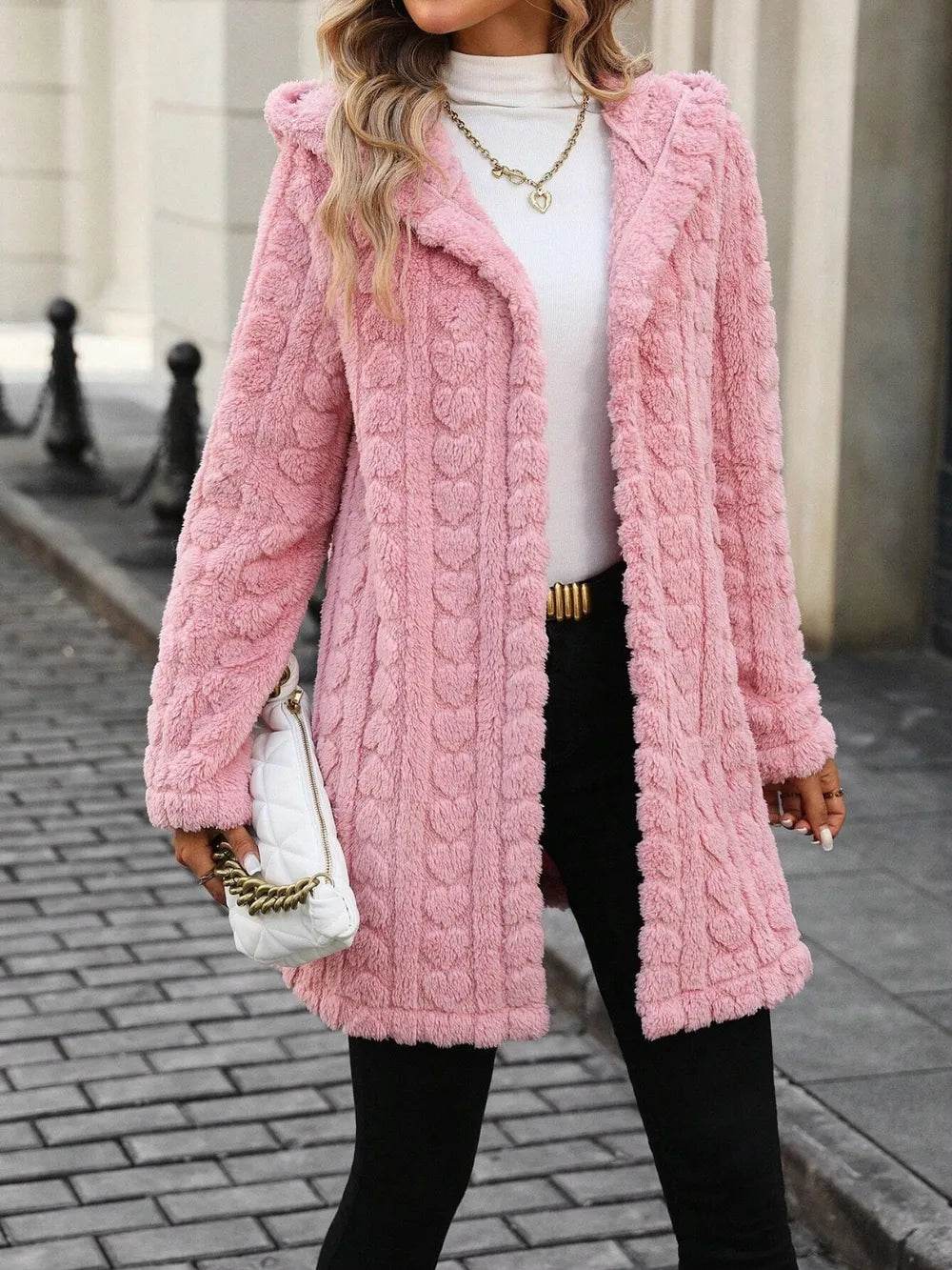 Heart Open Front Hooded Fuzzy Coat - ELY VESSA LLC