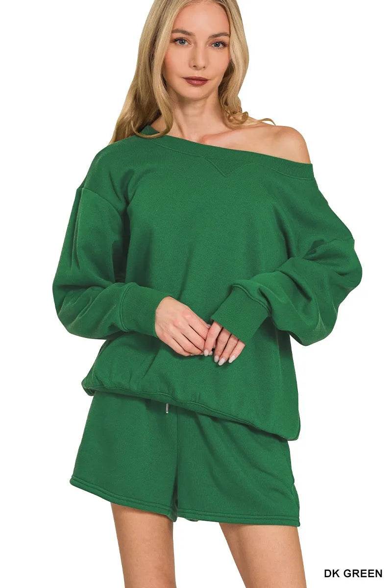 Zenana Fleece Boat Neck Sweatshirt and Shorts Set - ELY VESSA LLC