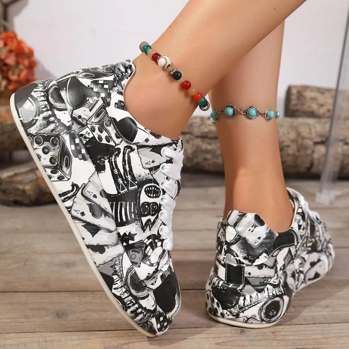 Abstract Print Lace Up Sneakers - ELY VESSA LLC