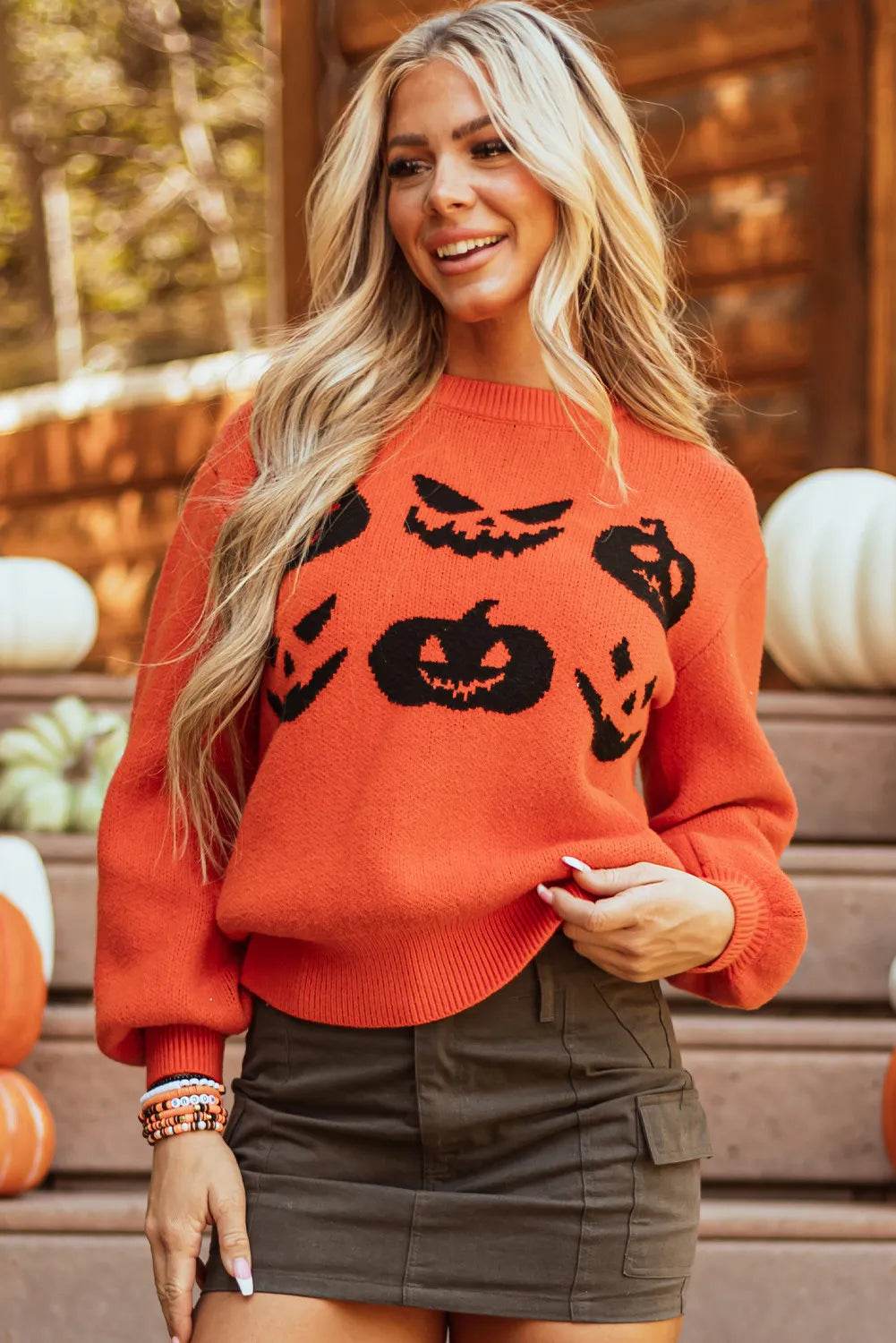 Pumpkin Pattern Round Neck Sweater - ELY VESSA LLC