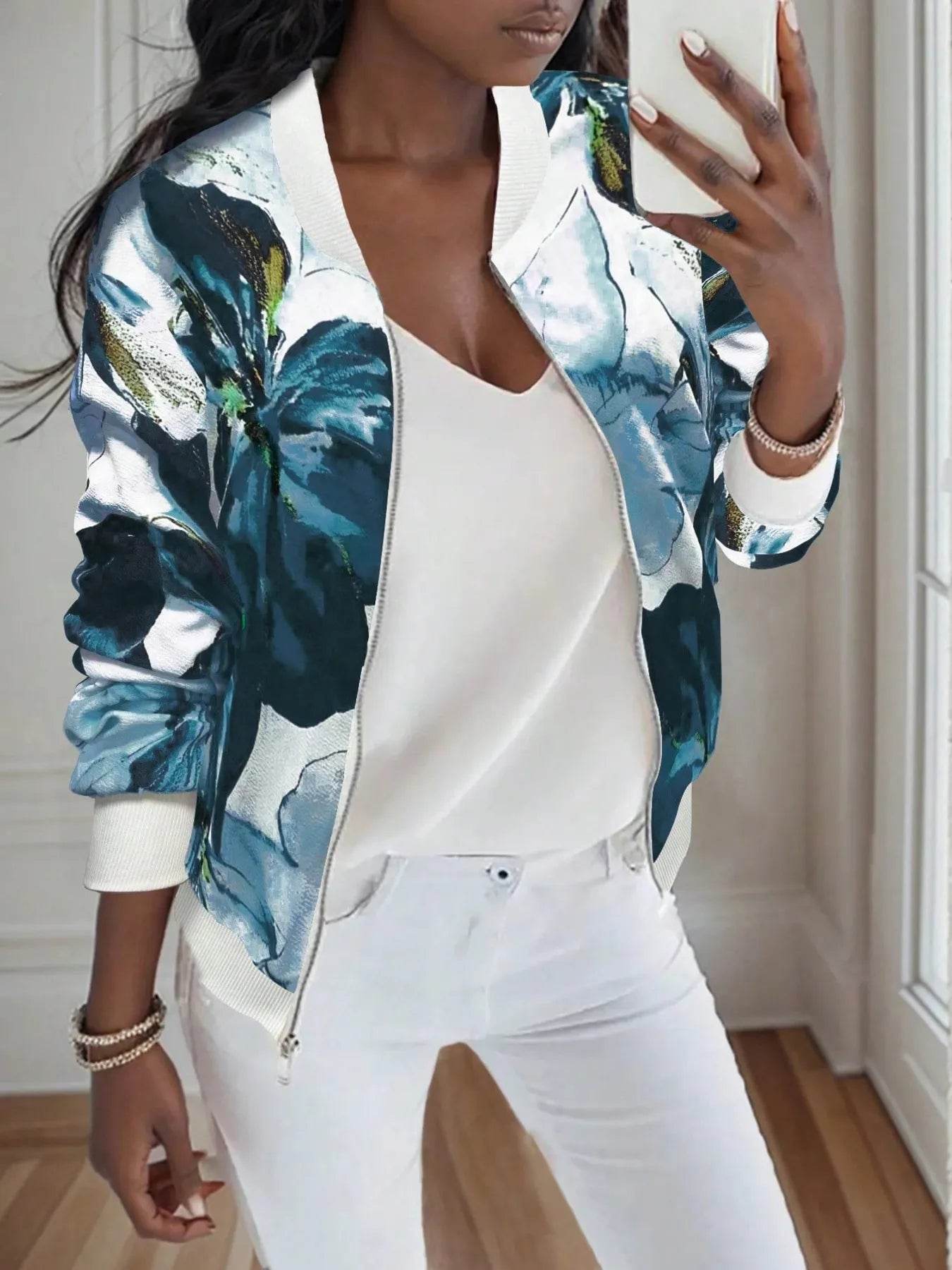 Printed Zip Up Long Sleeve Jacket - ELY VESSA LLC