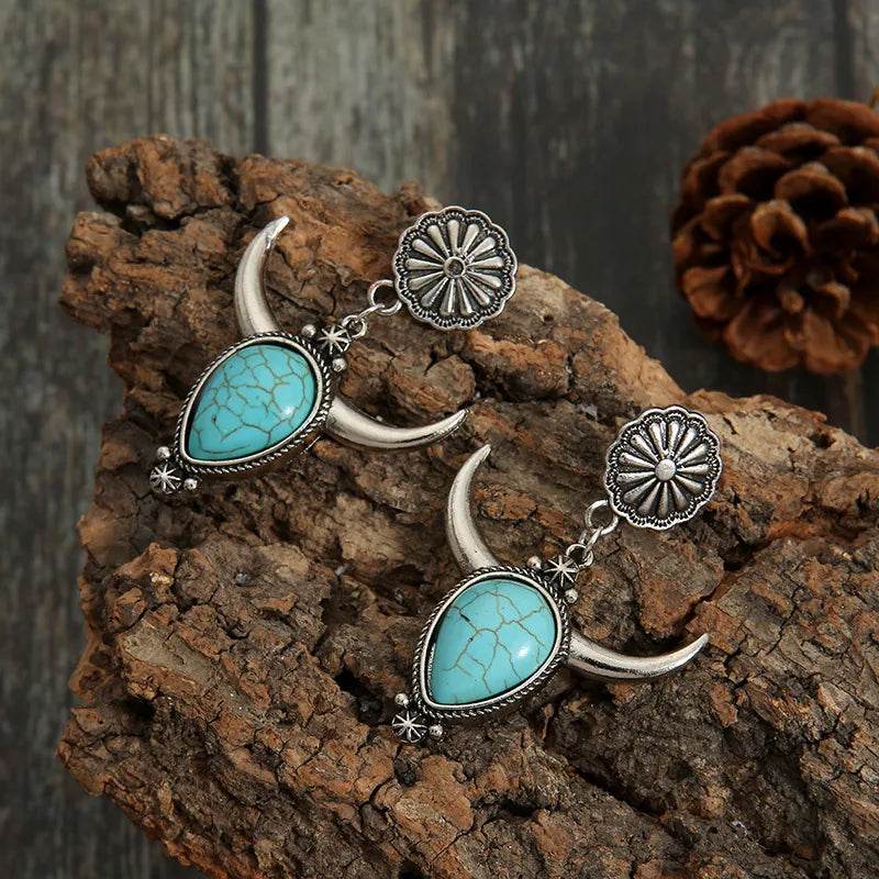Artificial Turquoise Alloy Cow Head Earrings - ELY VESSA LLC