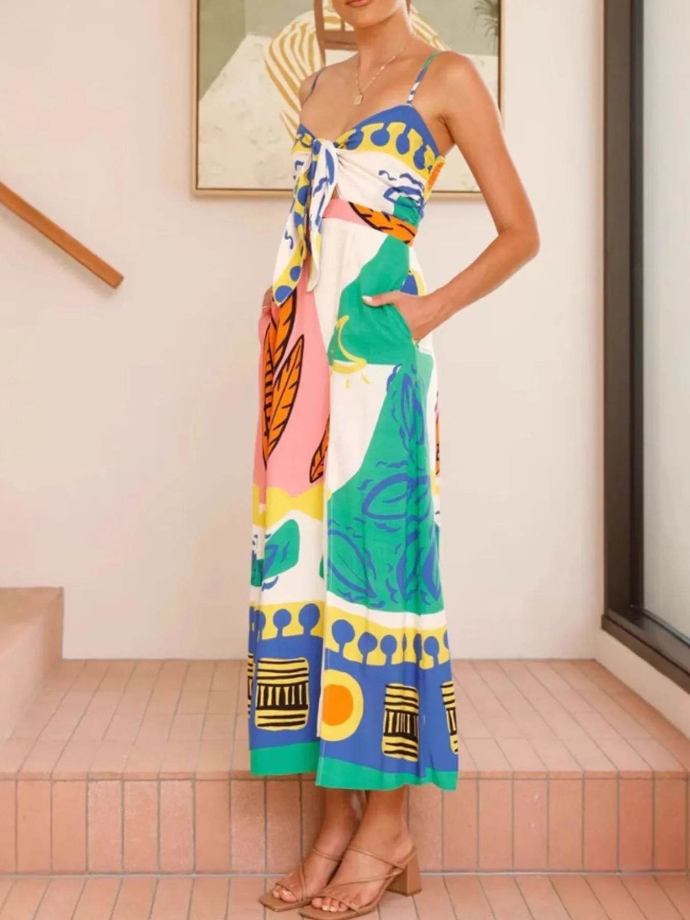 Tied Front Printed Slit Maxi Cami Dress - ELY VESSA LLC