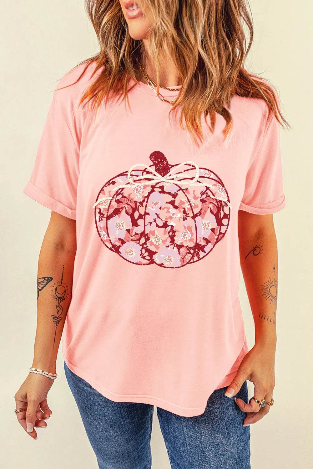 Pumpkin Graphic Round Neck Long Sleeve T-Shirt - ELY VESSA LLC