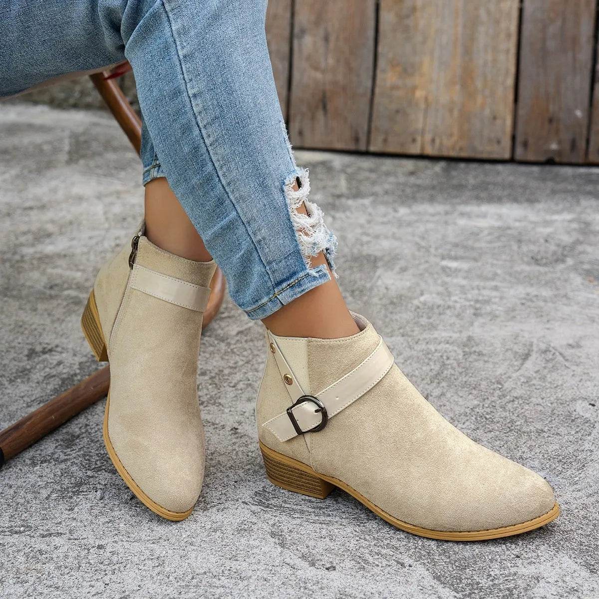 Buckle Block Heels Boots - ELY VESSA LLC