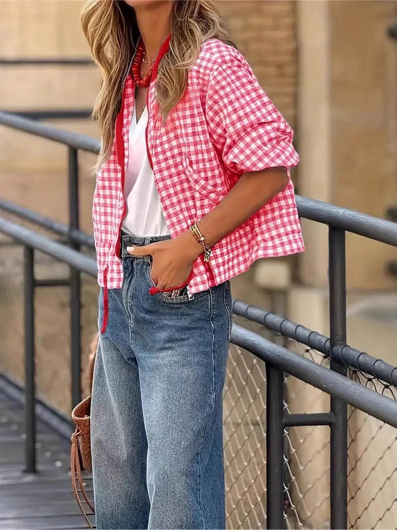 Plaid Zip Up Long Sleeve Jacket - ELY VESSA LLC