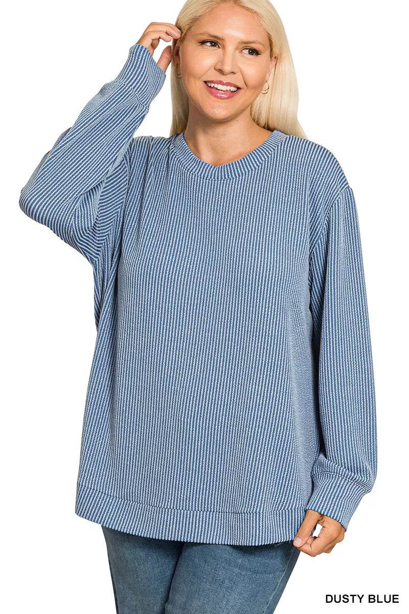 Zenana Full Size Raised Rib Round Neck Long Sleeve Top Plus Size - ELY VESSA LLC