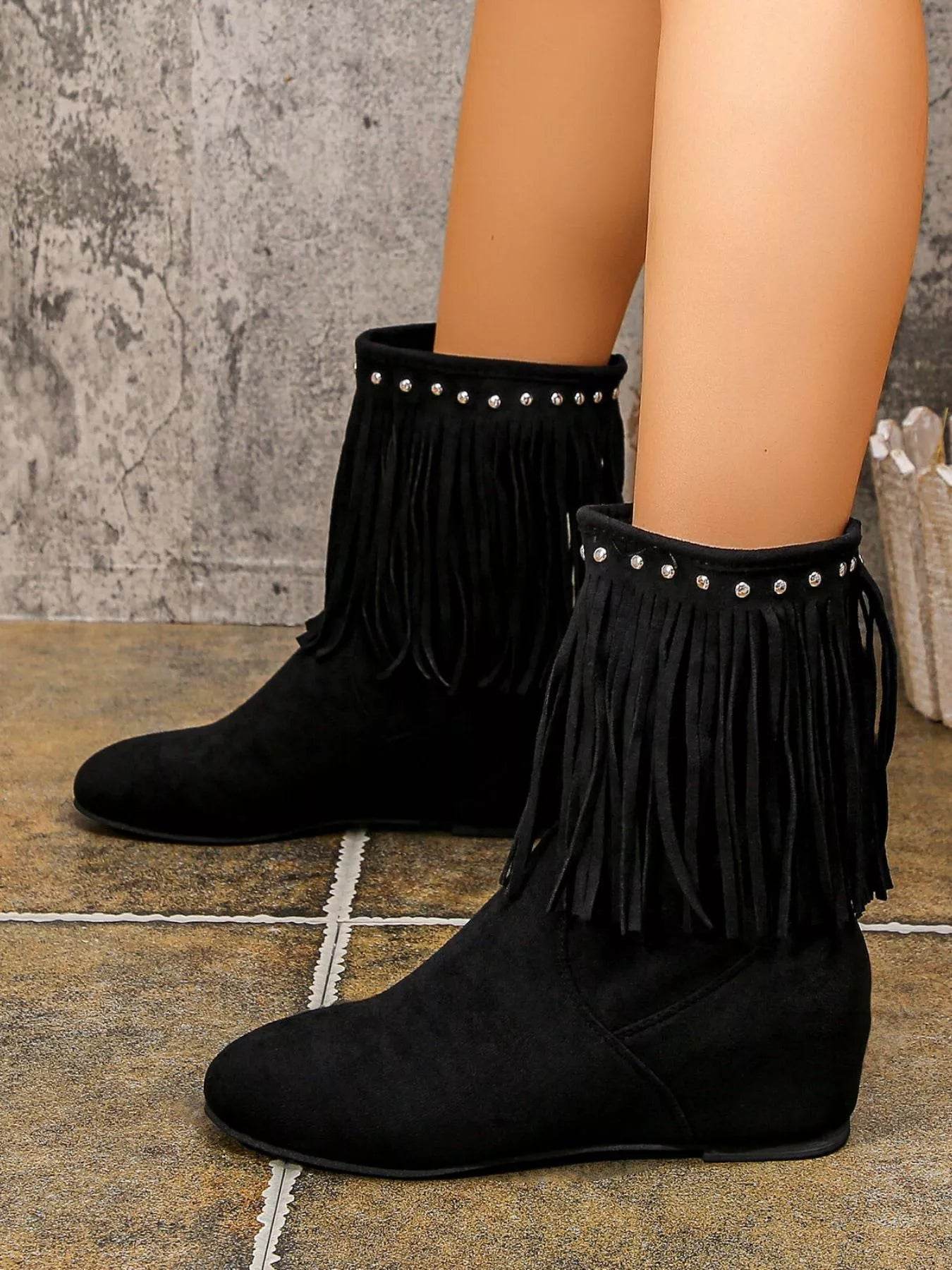 Fringe Boots with Studded Details - ELY VESSA LLC
