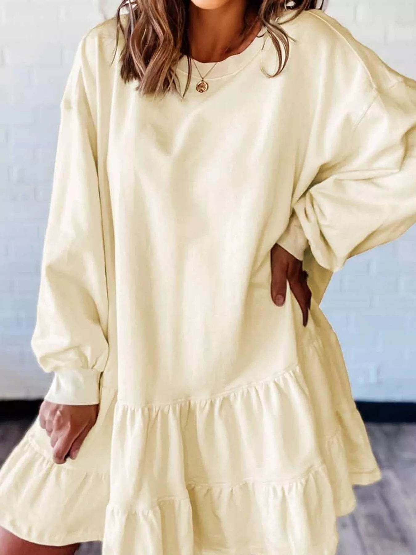 Double Tiered Ruffle Hem Long Sleeve Loose Mini Dress - ELY VESSA LLC
