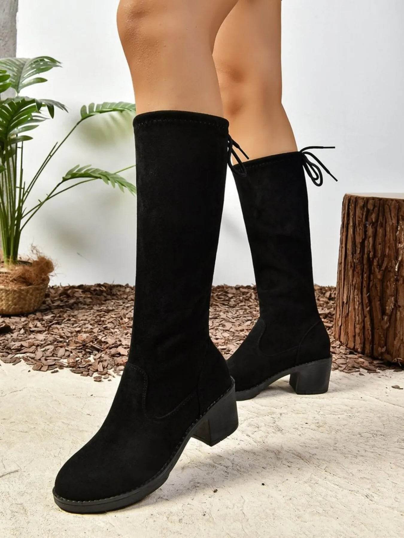 Round Toe Block Heels Boots - ELY VESSA LLC