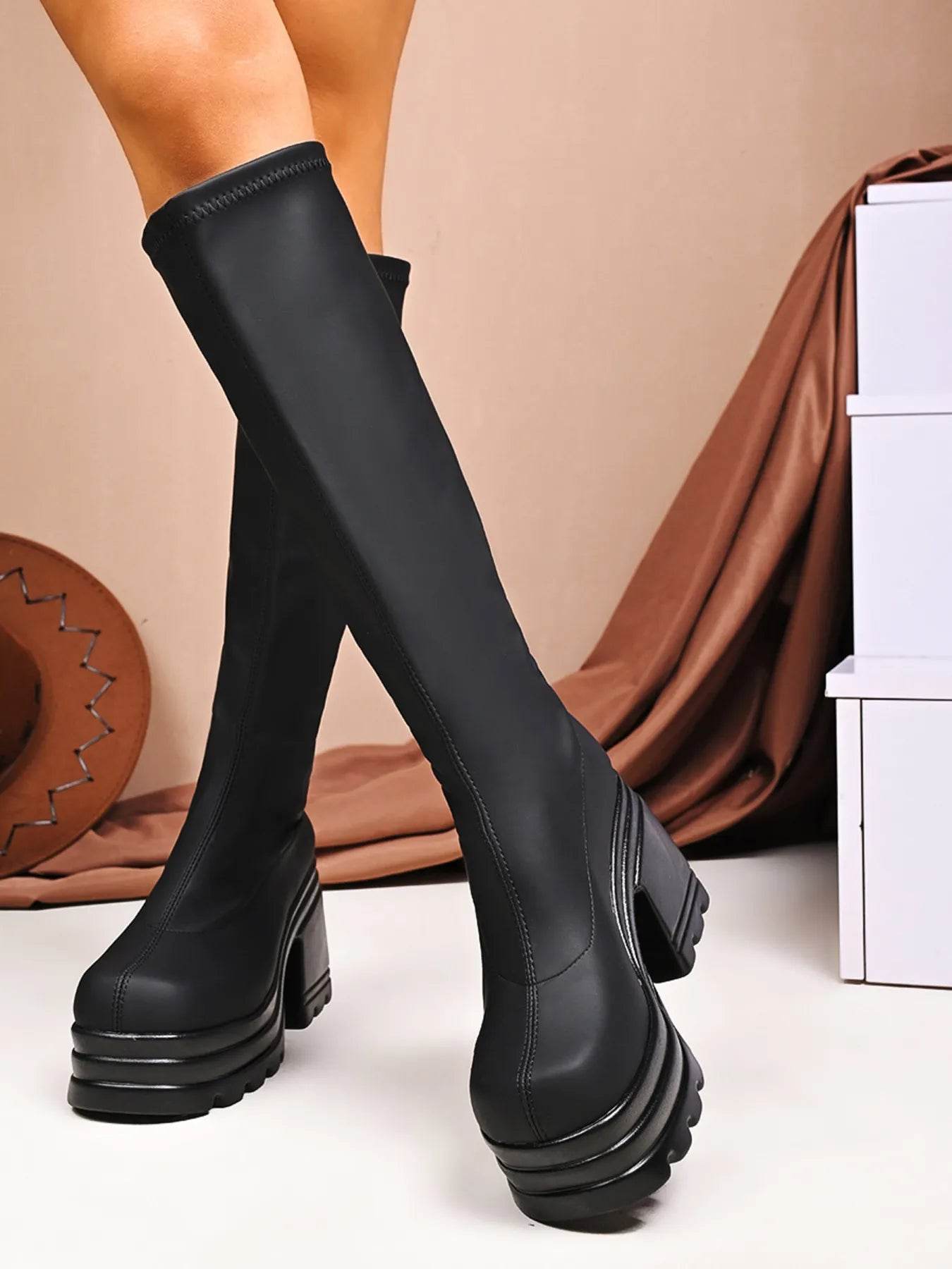 Square Toe Platform Block Heels Boots - ELY VESSA LLC