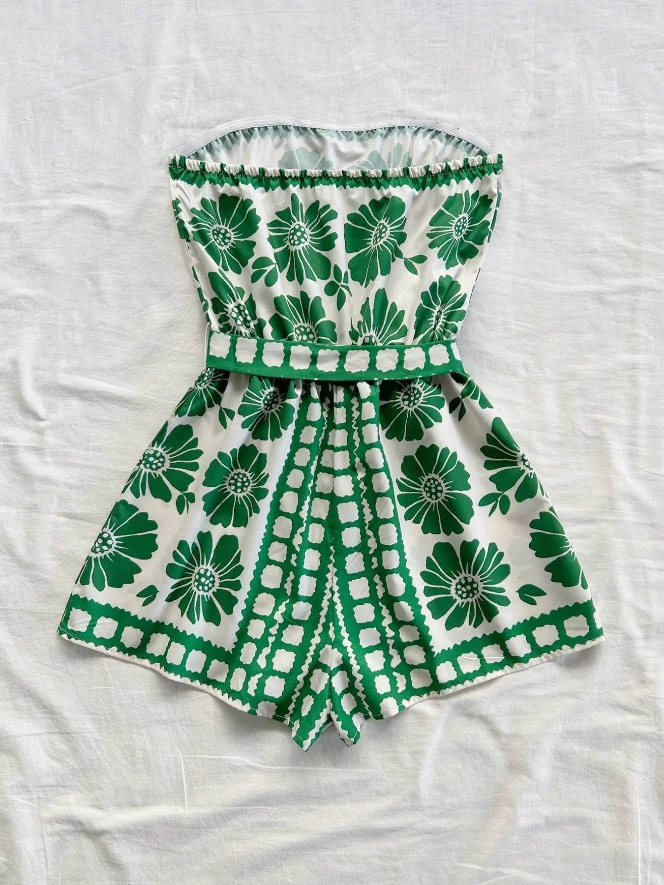 Printed Tube Tie Waist Romper - ELY VESSA LLC