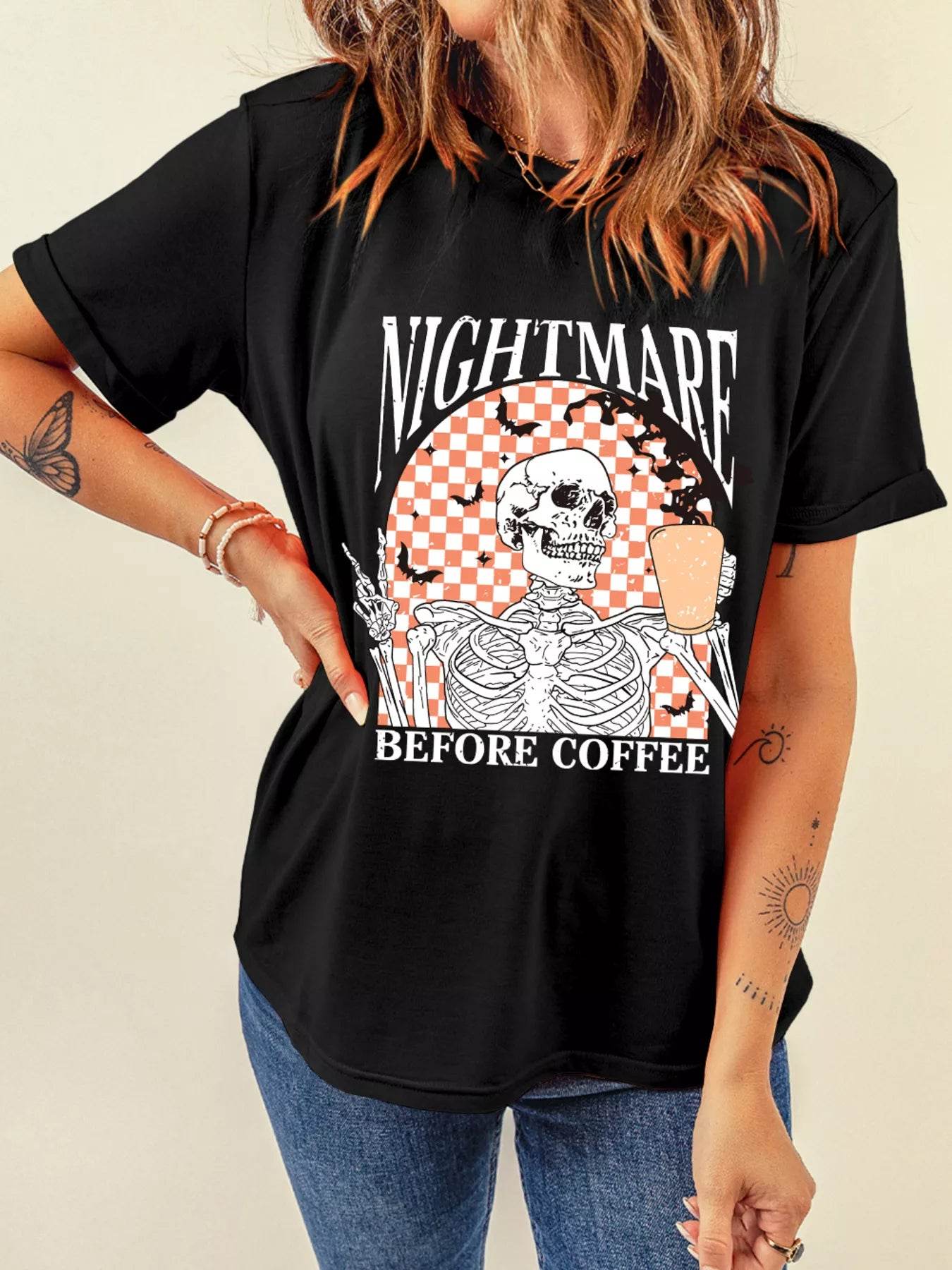 Halloween Skull Checkerboard Graphic Round Neck T-Shirt - ELY VESSA LLC