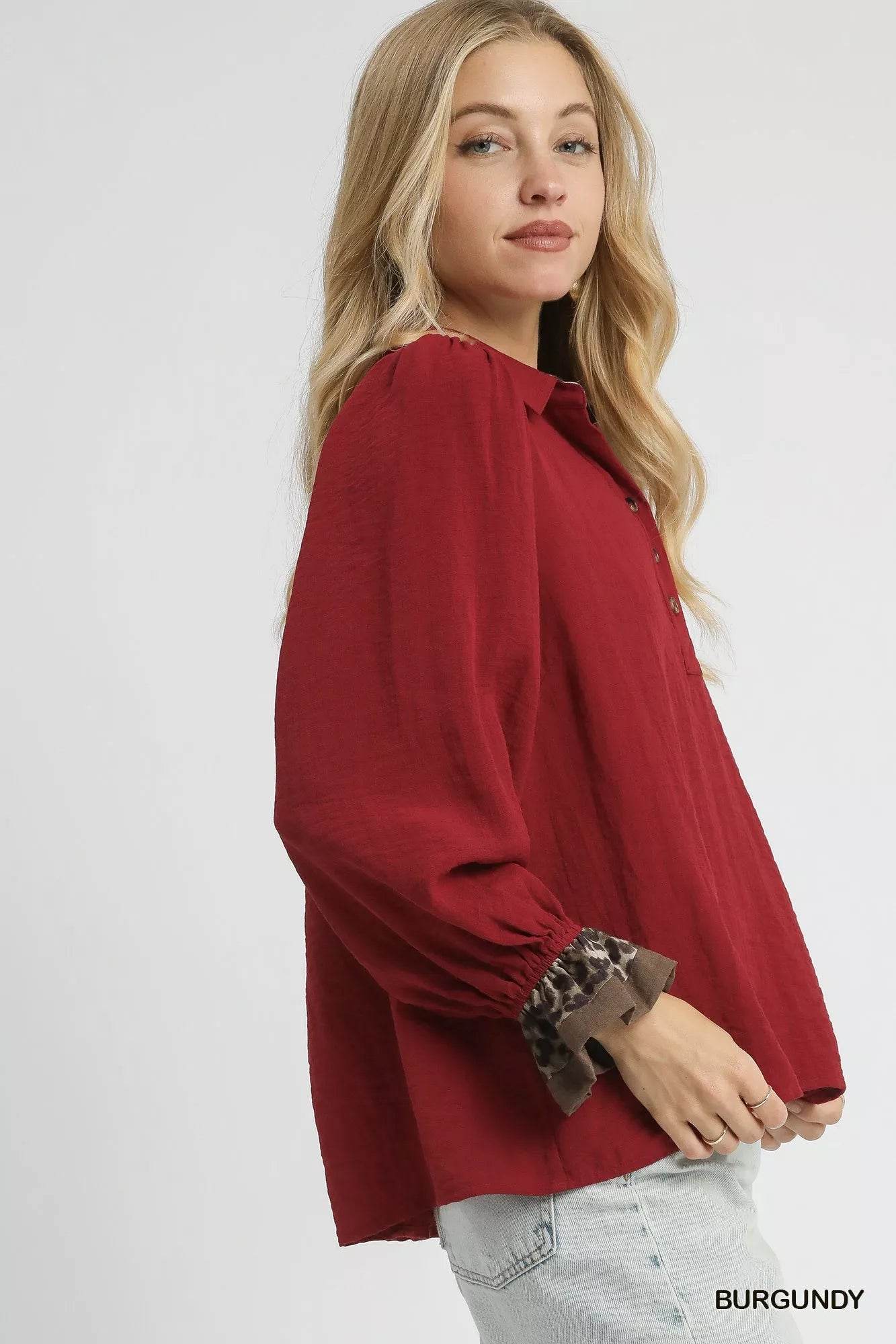 Umgee Half Button Blouse with Leopard Print Trim - ELY VESSA LLC