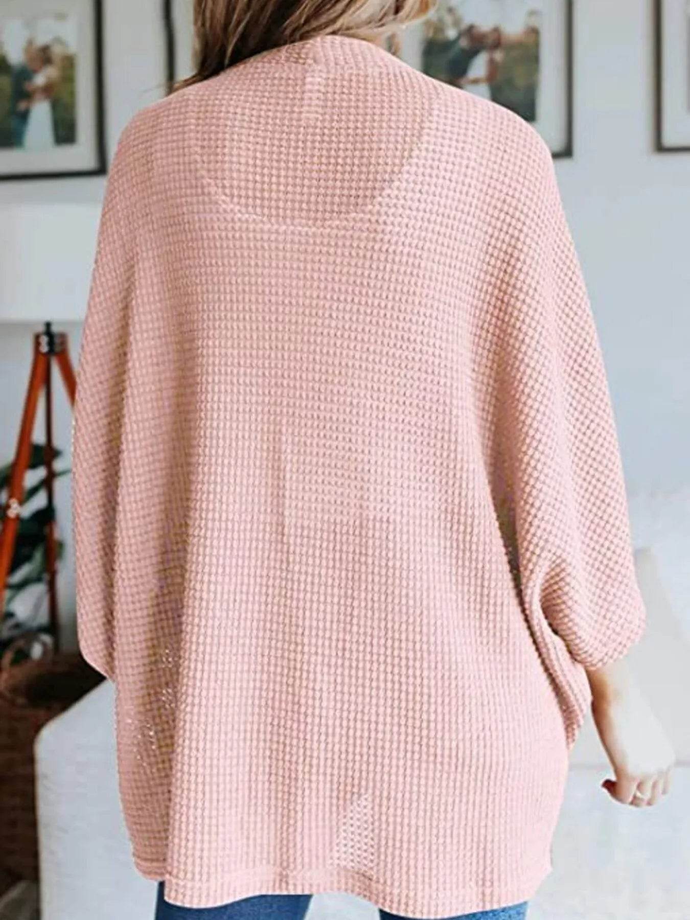 Full Size Open Front Waffle Knit Cardigan Plus Size - ELY VESSA LLC