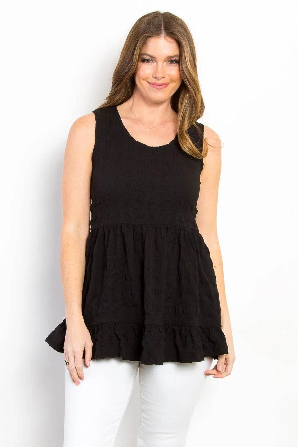 Be Stage Ruffled Sleeveless Babydoll Top - ELY VESSA LLC