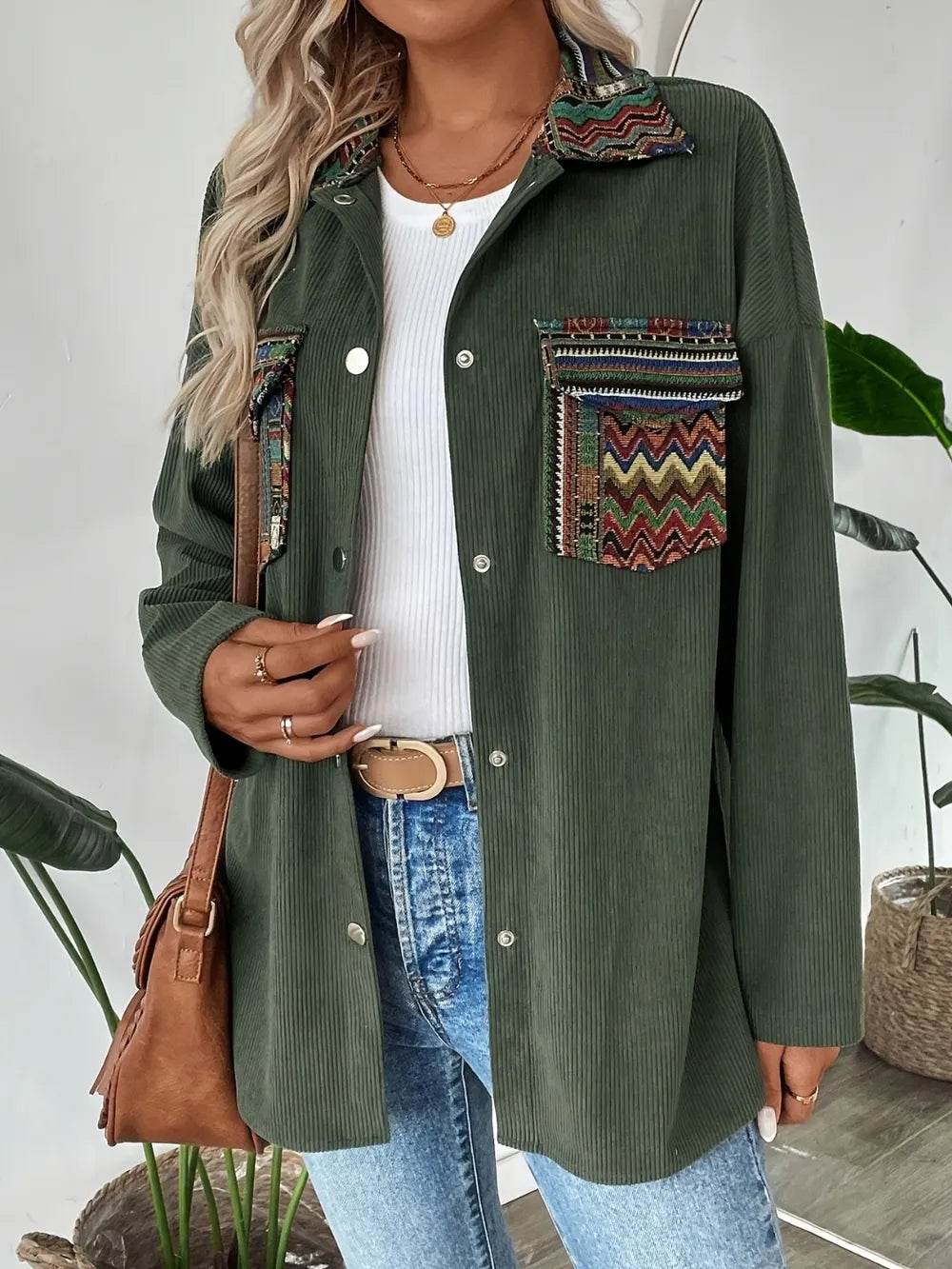 Snap Down Long Sleeve Jacket with Chest Pockets - ELY VESSA LLC