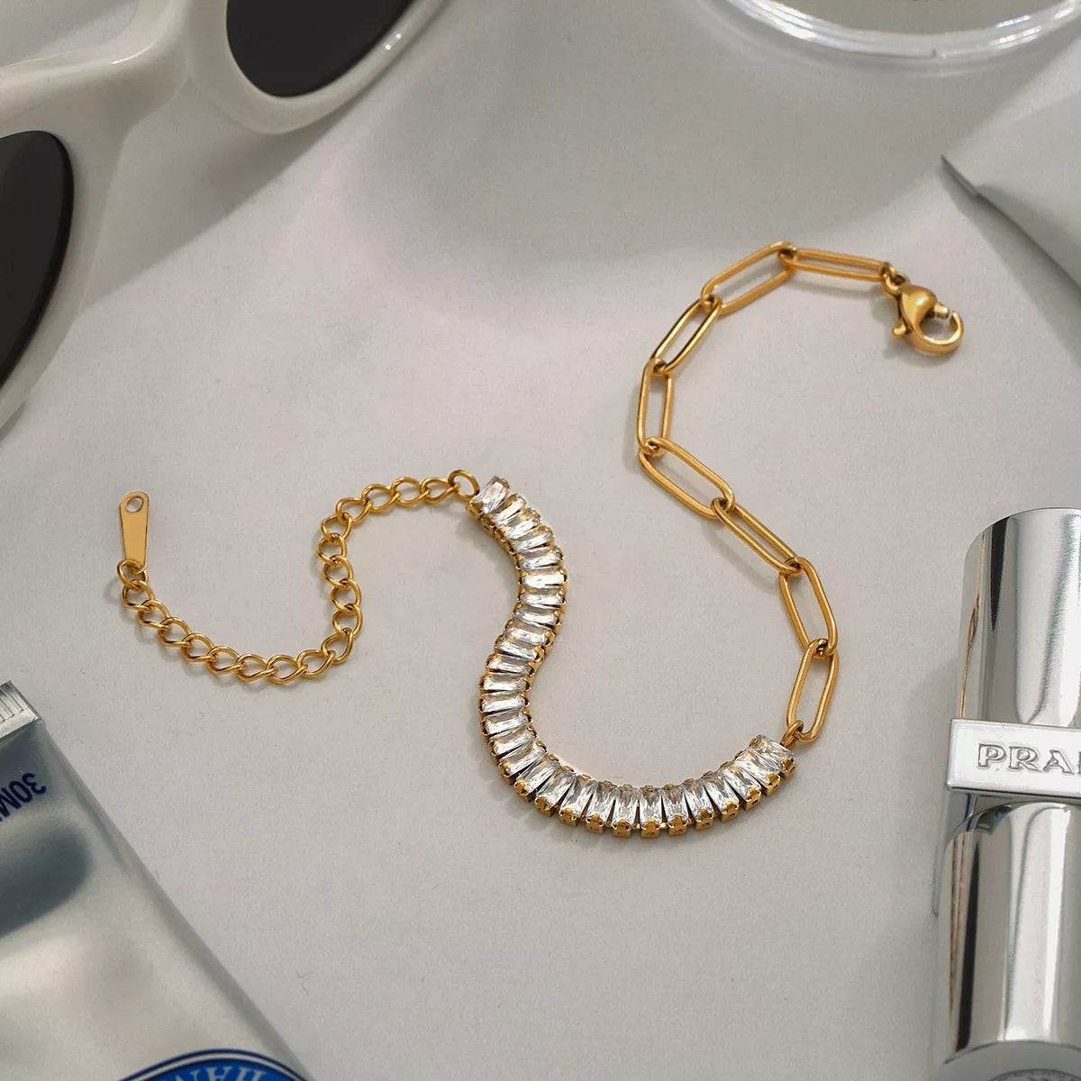 18K Gold-Plated Stainless Steel Rhinestone Chain Bracelet - ELY VESSA LLC