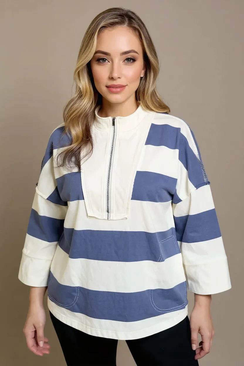 Oh Pima Cotton Wash Striped Half Zip Mock Neck Long Sleeve Top - ELY VESSA LLC