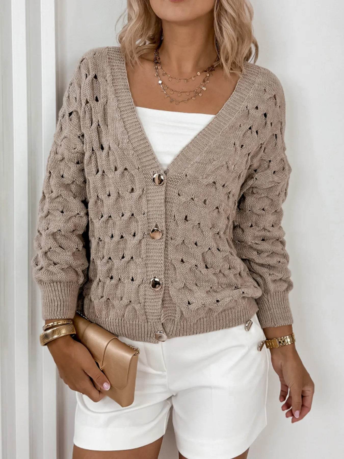 Textured V-Neck Long Sleeve Cardigan - ELY VESSA LLC