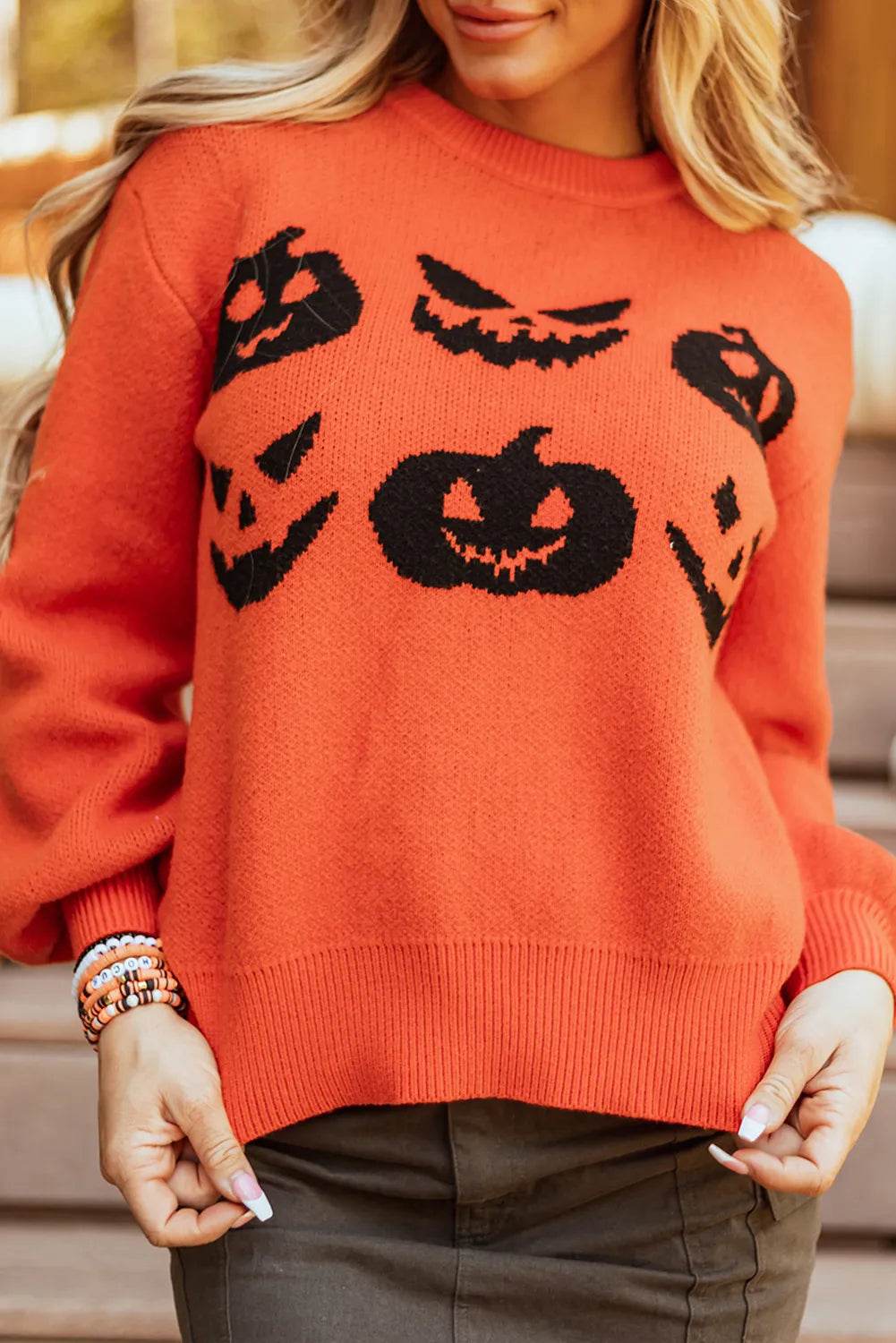 Pumpkin Pattern Round Neck Sweater - ELY VESSA LLC