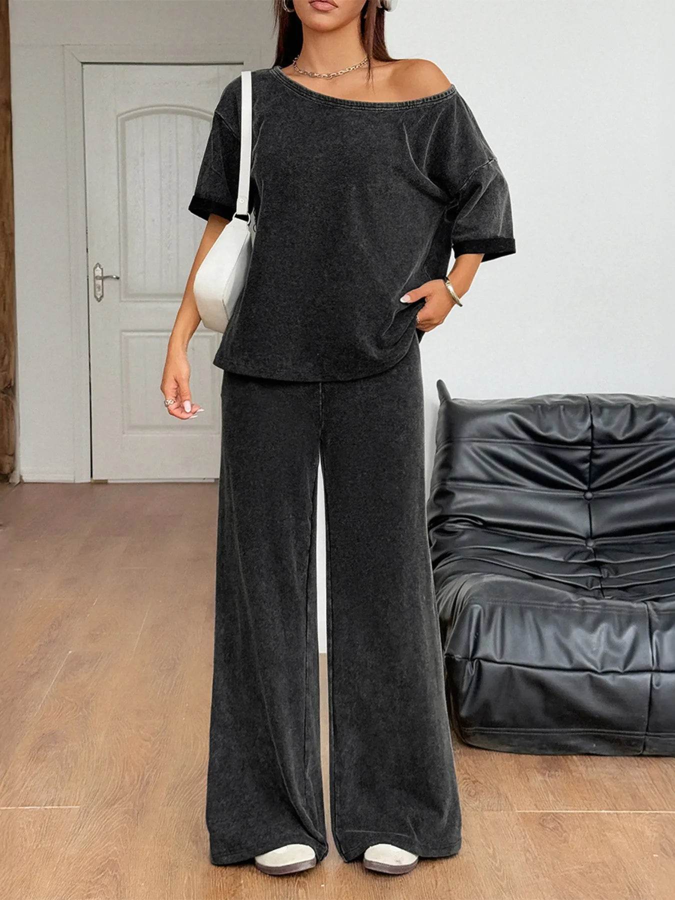 Washed Boat Neck T-Shirt and Pants Set - ELY VESSA LLC