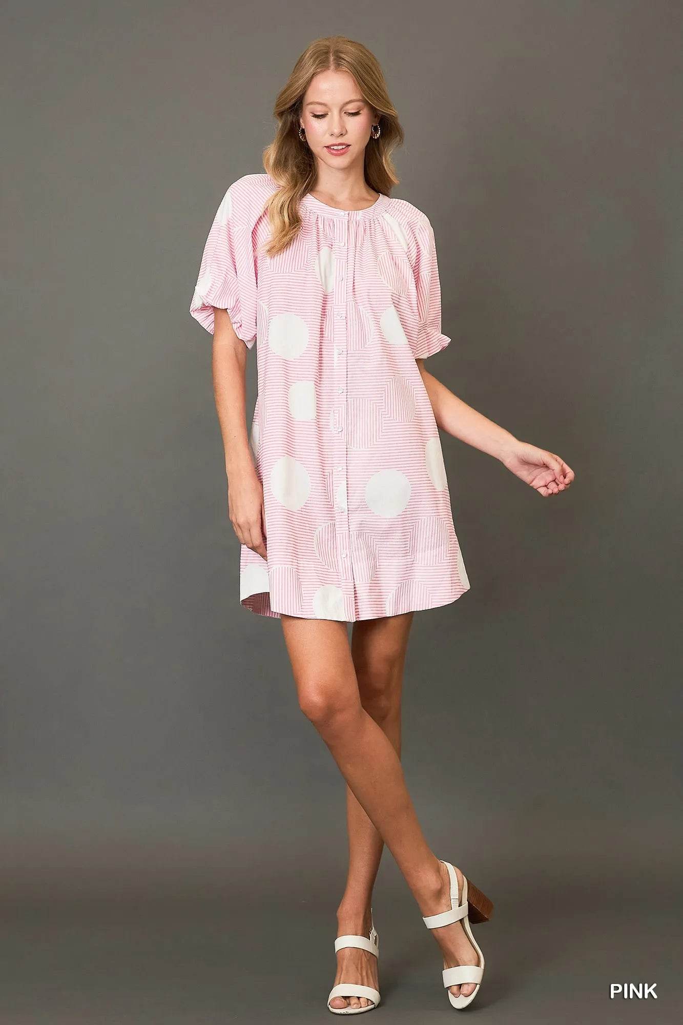 Umgee Stripe and Dot Print Button Down Puff Sleeve Mini Dress - ELY VESSA LLC