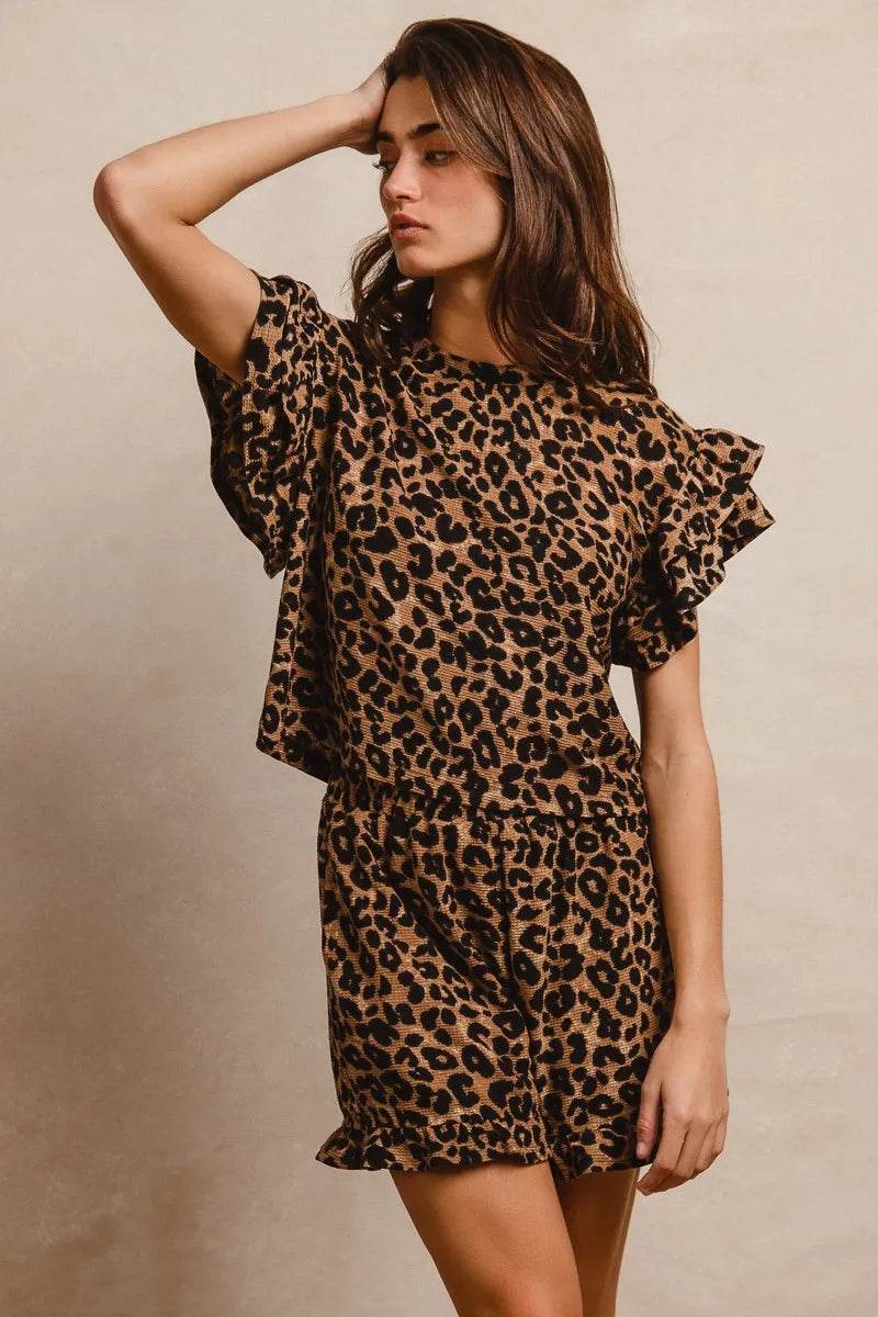BiBi Leopard Print Waffle Texture Layered Ruffle Sleeve Top and Shorts Set - ELY VESSA LLC