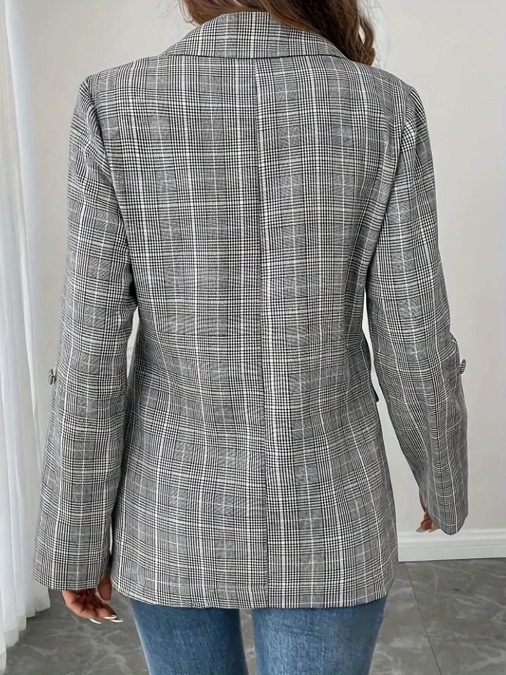 Single-Breasted Lapel Collar Plaid Blazer - ELY VESSA LLC