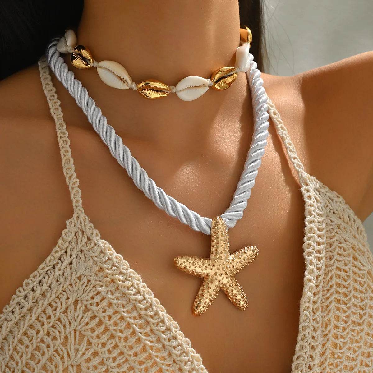 2-Piece Beaded Shell Starfish Rope Necklace - ELY VESSA LLC