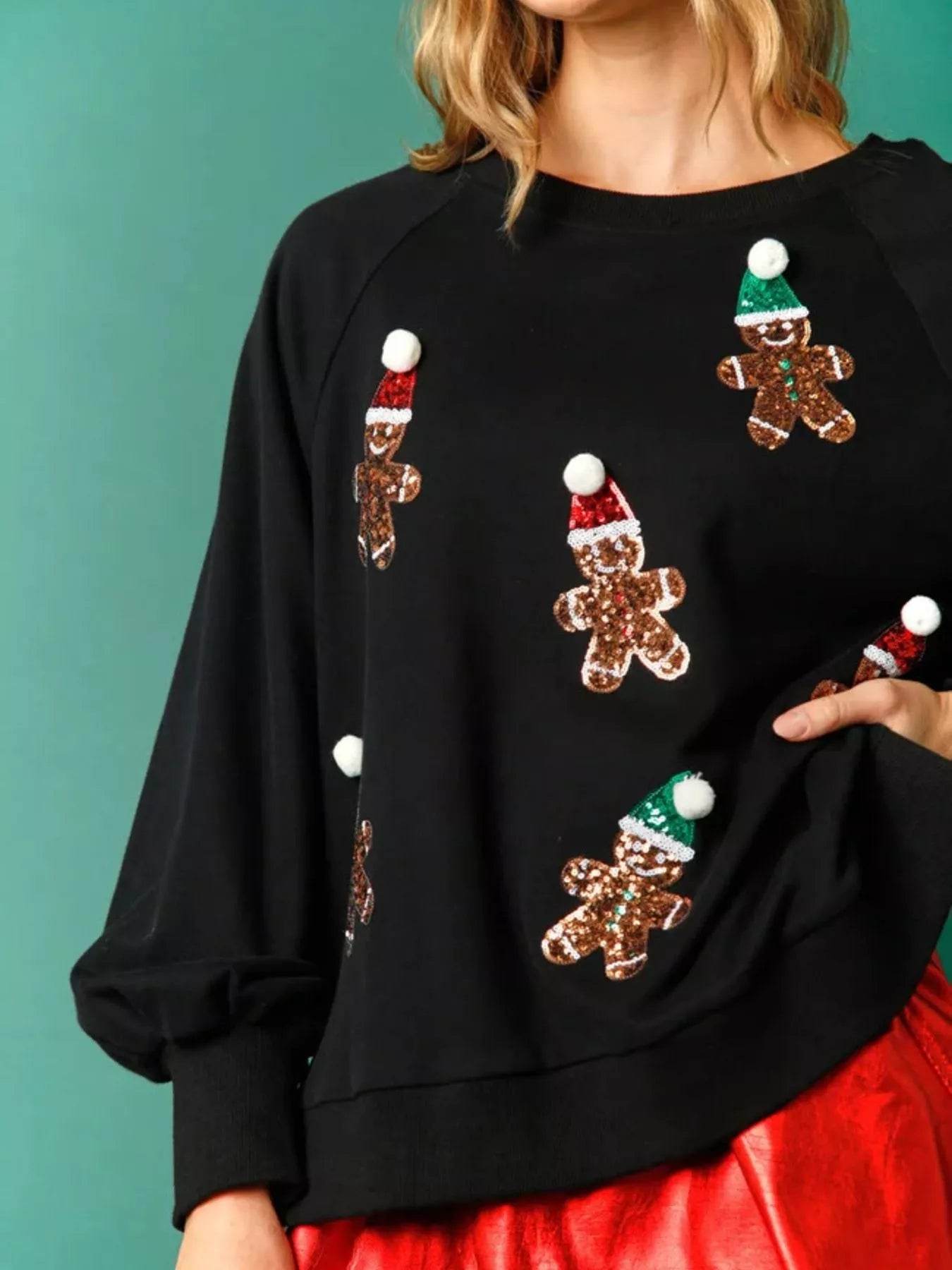 Christmas Sequin Gingerbread Round Neck Sweatshirt - ELY VESSA LLC