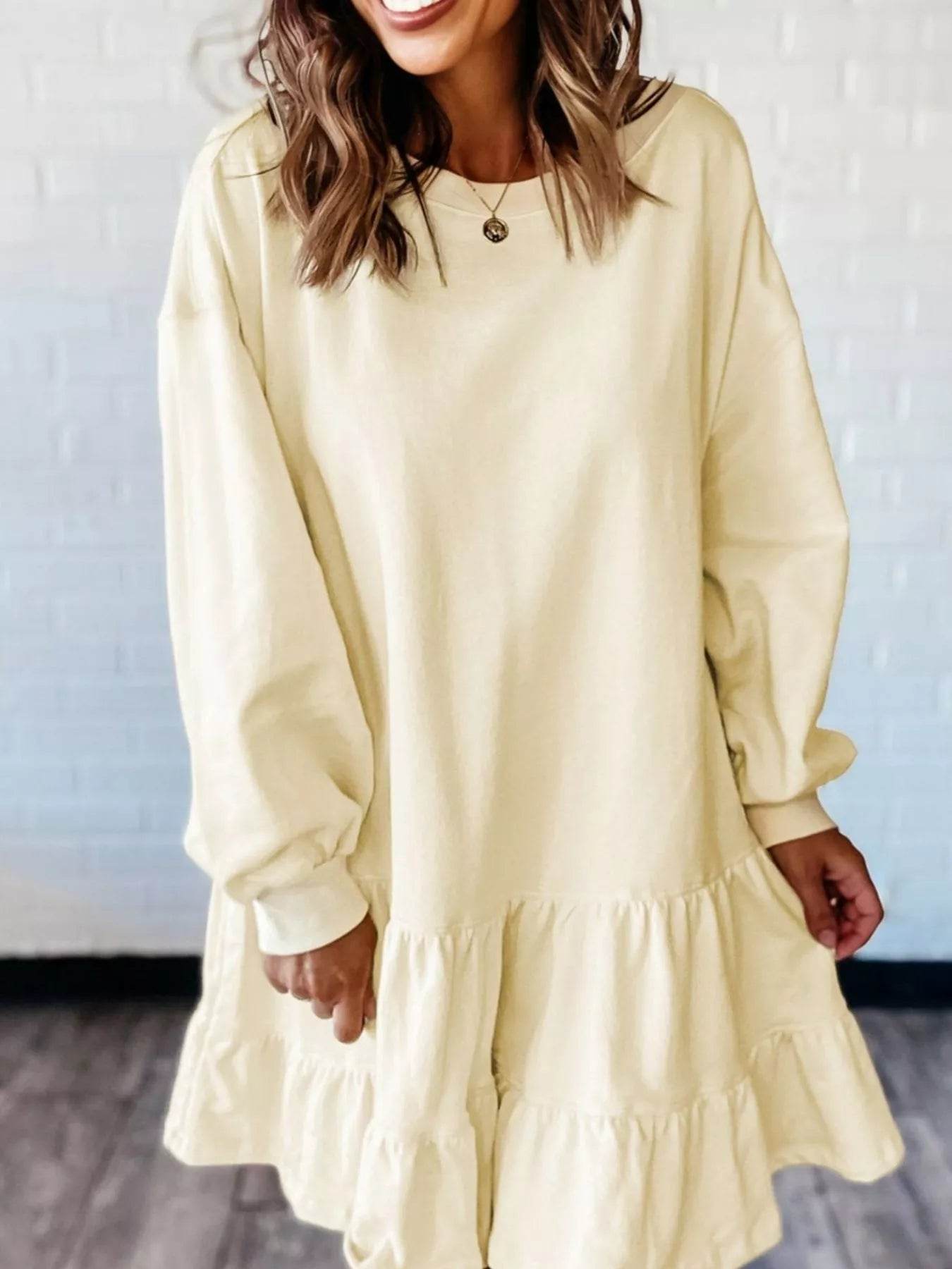 Double Tiered Ruffle Hem Long Sleeve Loose Mini Dress - ELY VESSA LLC