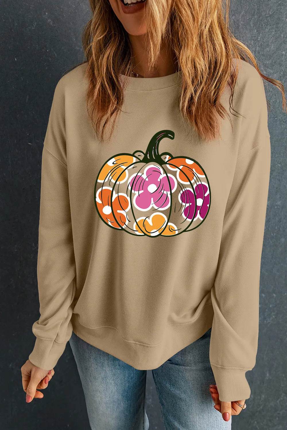 Pumpkin & Flower Graphic Long Sleeve Sweatshirt - ELY VESSA LLC