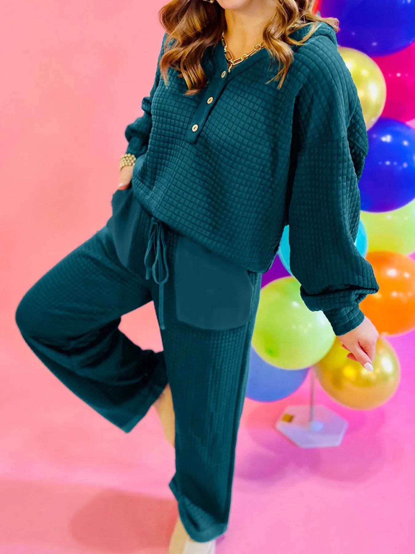 Waffled Textured Raw Edge Patchwork Top and Pants 2pcs Set - ELY VESSA LLC