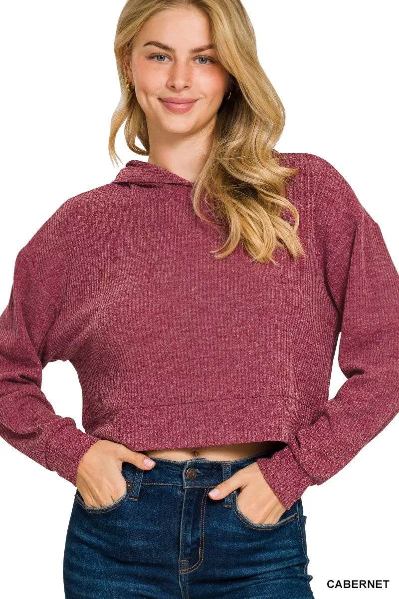 Zenana Drop Shoulder Ribbed Crop Hoodie - ELY VESSA LLC