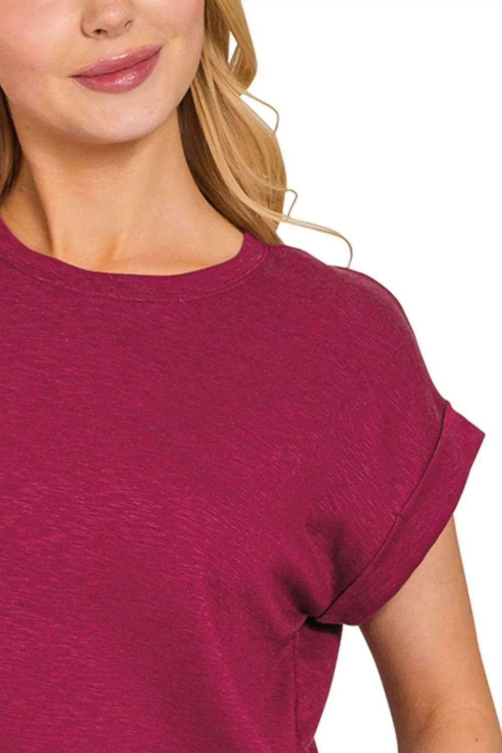 Zenana Cotton Modal Slub Rolled Sleeve T-Shirt - ELY VESSA LLC