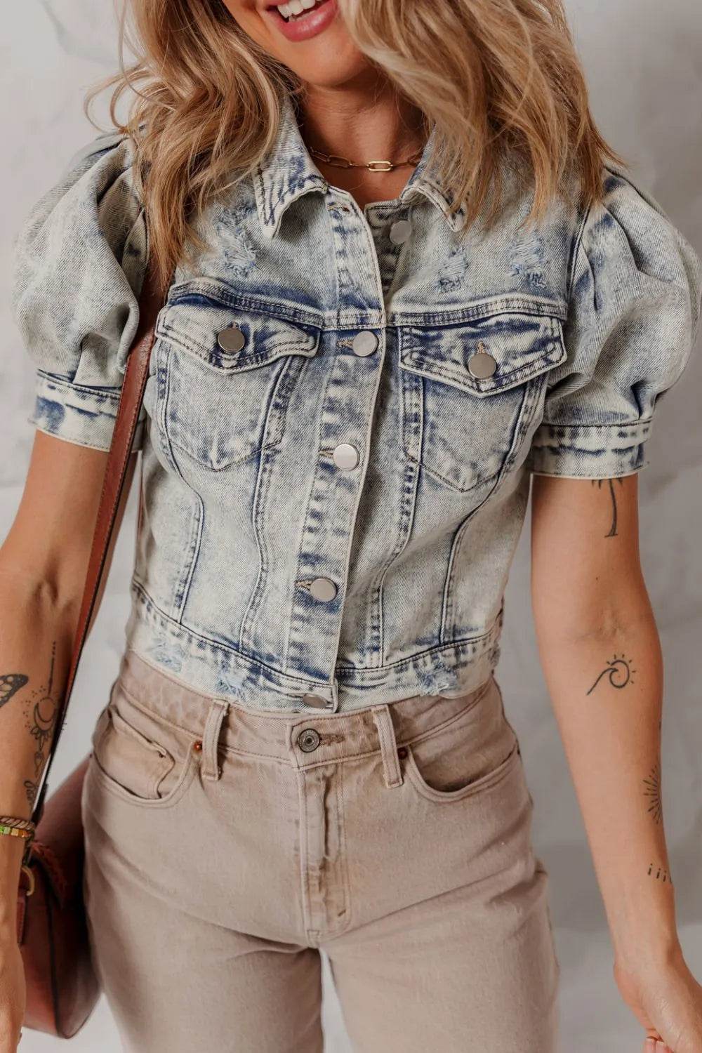 Wash Buttoned Chest Pocket Puff Sleeve Denim Jacket - ELY VESSA LLC