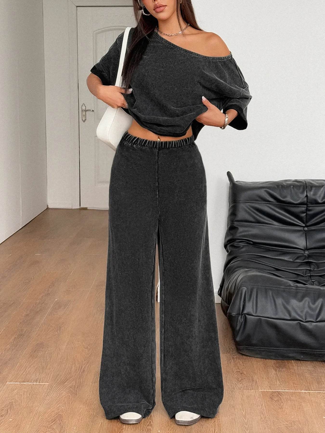 Washed Boat Neck T-Shirt and Pants Set - ELY VESSA LLC