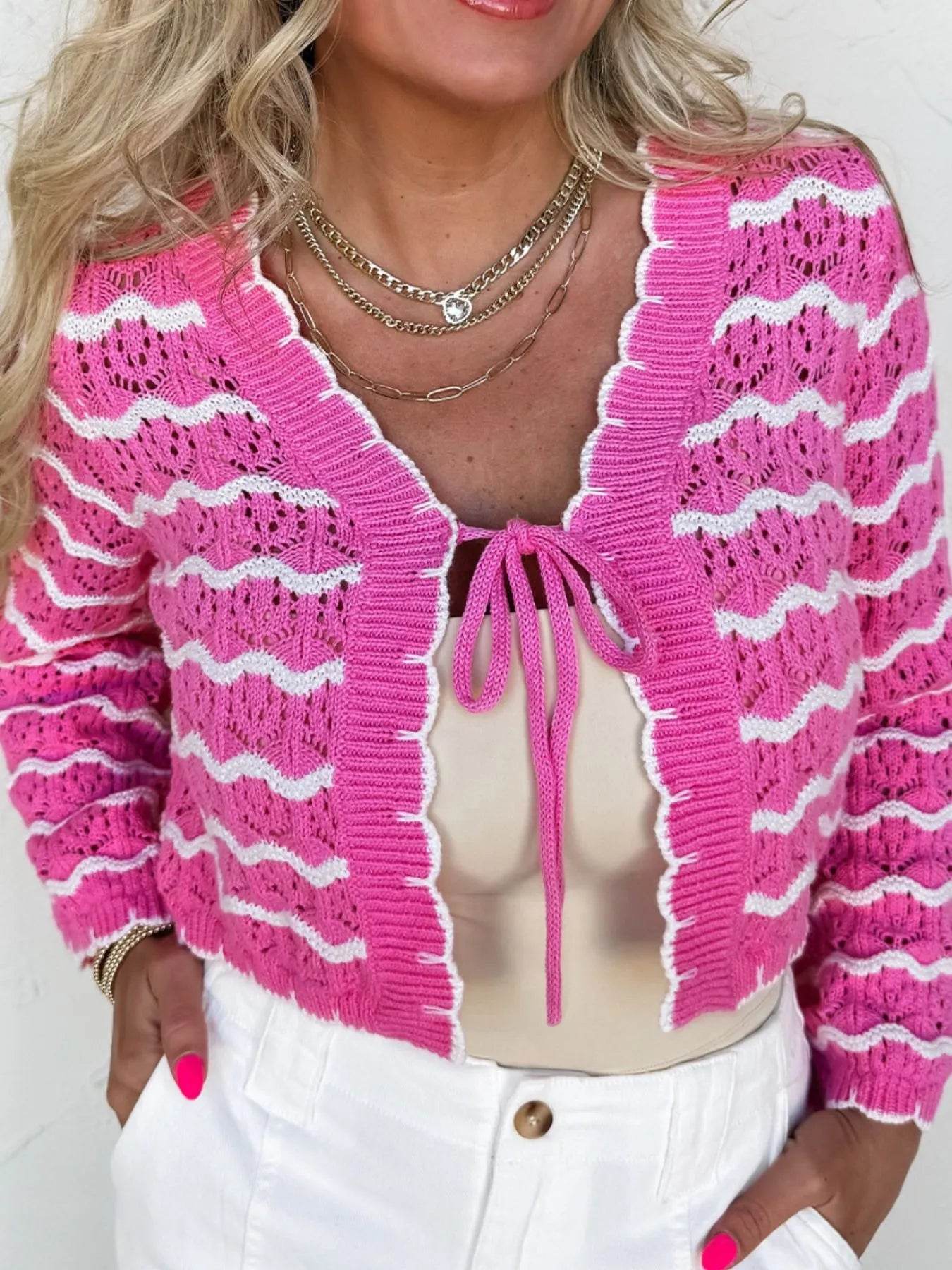 Striped Crochet Tie-Front Cardigan - ELY VESSA LLC
