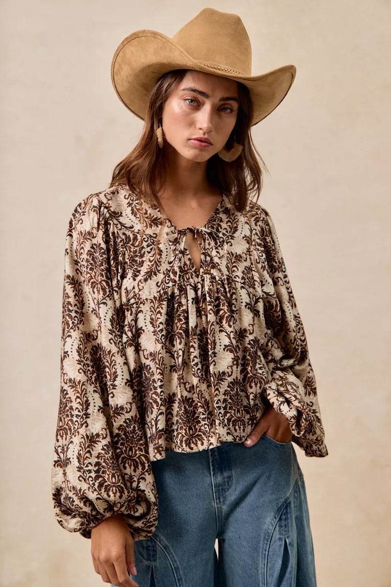 BiBi Printed Woven Front Tied Blouse with Baloon Sleeve - ELY VESSA LLC