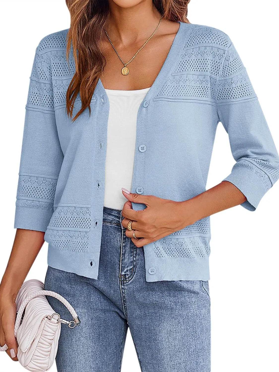 Button Up 3/4 Sleeve Cardigan - ELY VESSA LLC
