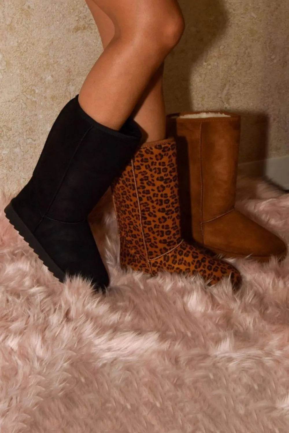 WILD DIVA Leopard Suede Round Toe Boots - ELY VESSA LLC
