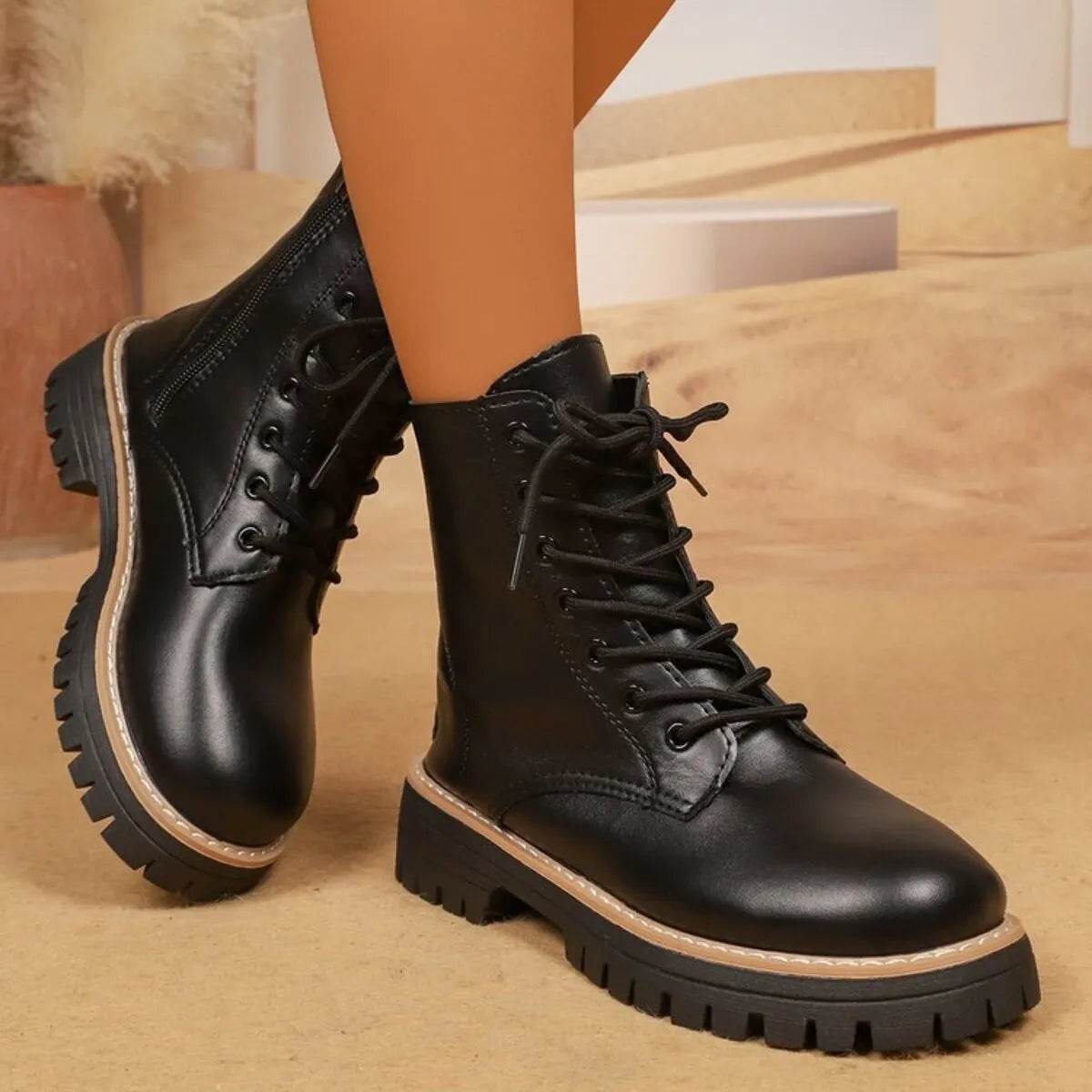 Lace Up Leather Combat Boots with Chunky Sole - ELY VESSA LLC
