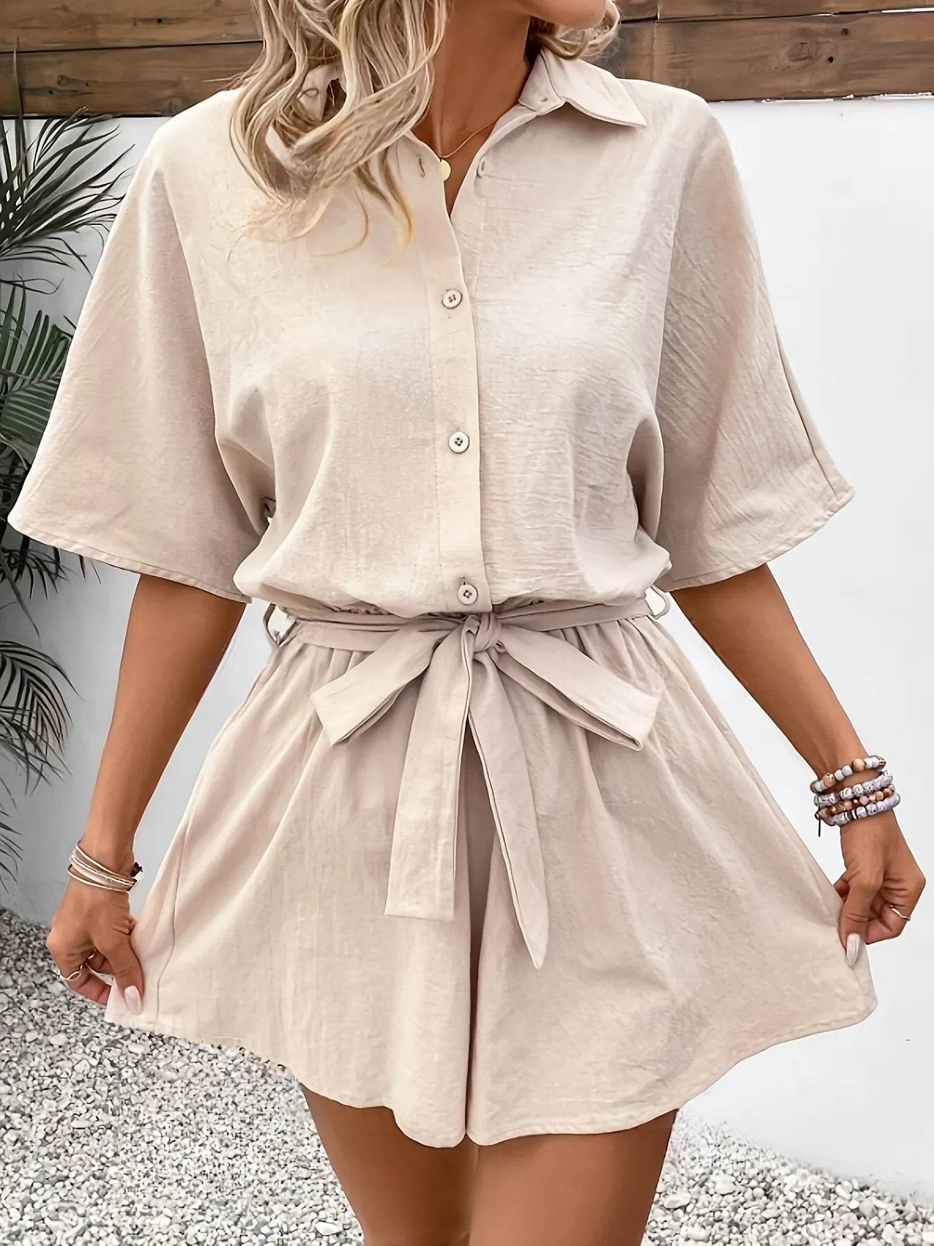 Button Front Tie Waist Romper - ELY VESSA LLC