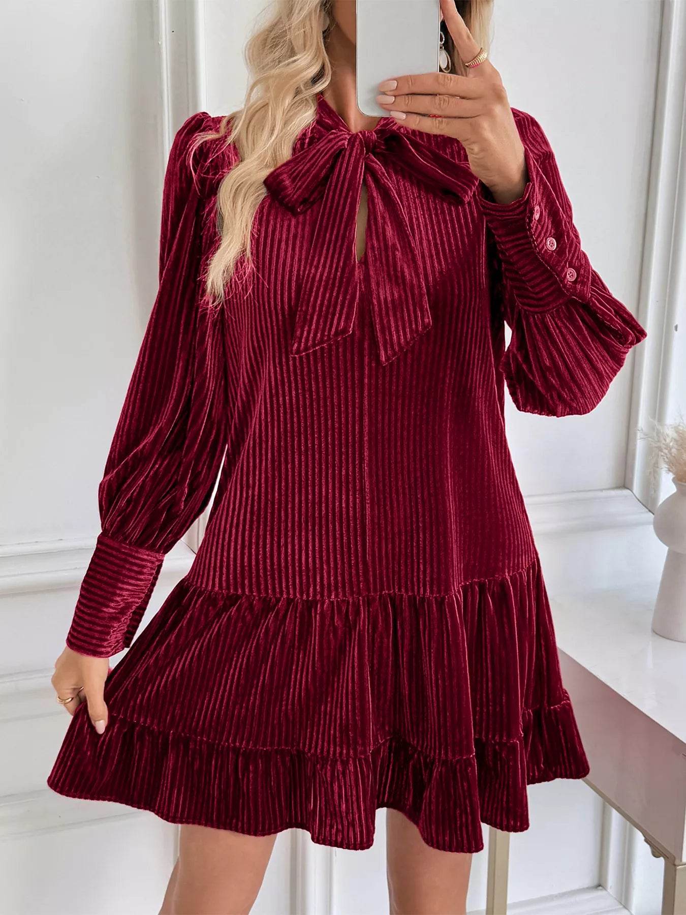 Velvet Tie Front Tiered Mini Dress - ELY VESSA LLC